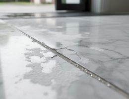 Close-up of a marble floor tile with white efflorescence, edge spalling, and moisture beads along the grout line, lit by soft natural daylight with a blurred wet entryway behind.