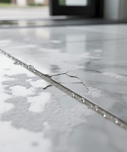 Close-up of a marble floor tile with white efflorescence, edge spalling, and moisture beads along the grout line, lit by soft natural daylight with a blurred wet entryway behind.