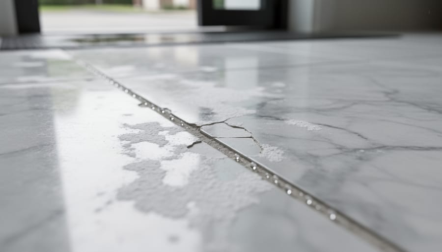 Close-up of a marble floor tile with white efflorescence, edge spalling, and moisture beads along the grout line, lit by soft natural daylight with a blurred wet entryway behind.