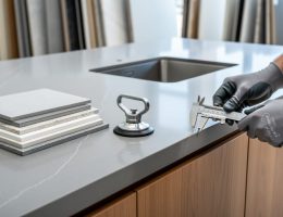 Gloved fabricator measuring the thickness of a sintered stone countertop edge with calipers on a modern kitchen island, with unbranded sample slabs and a suction-cup lifter nearby and large slab displays blurred in the background.