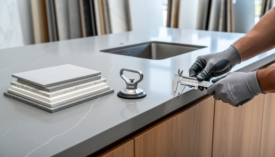Gloved fabricator measuring the thickness of a sintered stone countertop edge with calipers on a modern kitchen island, with unbranded sample slabs and a suction-cup lifter nearby and large slab displays blurred in the background.