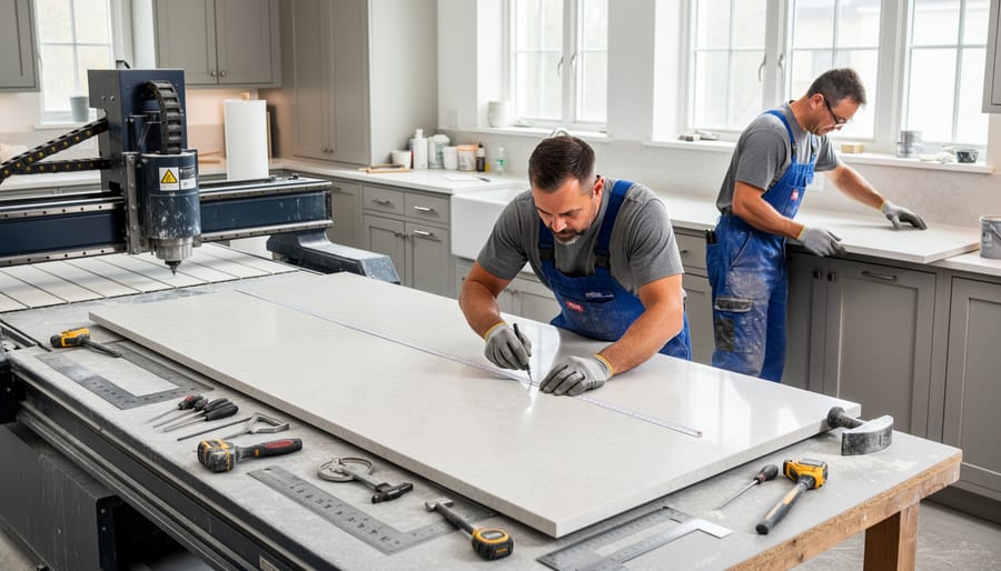 Professional fabricator cutting sintered stone slab with specialized equipment in workshop
