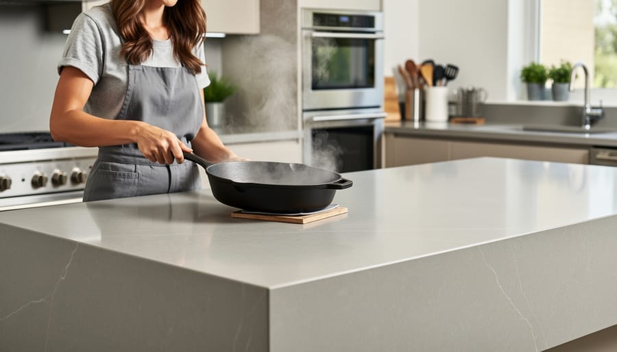 Hot cast iron pan being placed directly on sintered stone countertop demonstrating heat resistance