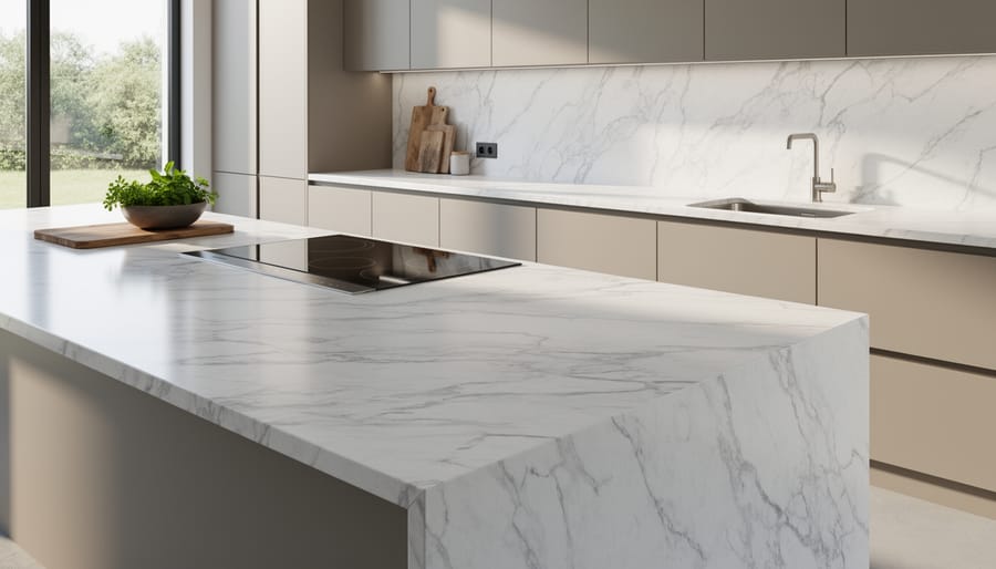 Modern kitchen with white and gray marble-look sintered stone countertops and waterfall edge