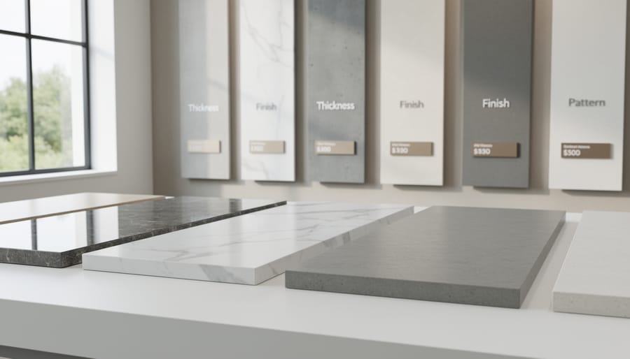 Three sintered stone samples showing different thicknesses and finish options