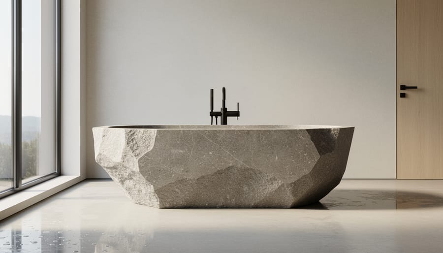 Freestanding bathtub carved from single granite block in modern minimalist bathroom