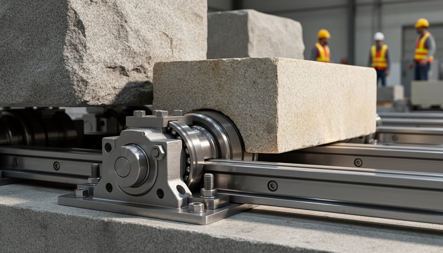 Close-up of precision bearing mechanism supporting kinetic stone installation