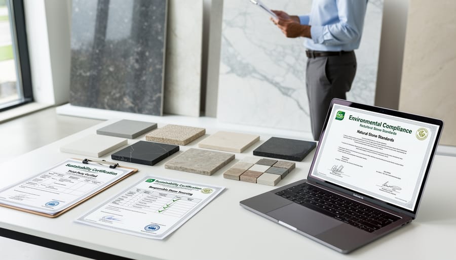 Sustainability certification seal on natural stone surface