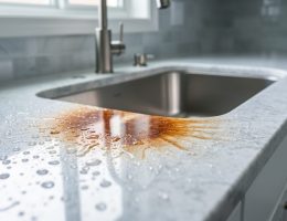 Close-up photograph of a light granite or marble countertop with a rust-brown oxidation stain around the base of a stainless steel faucet and water droplets, softly lit by natural daylight; blurred sink and tile backsplash in the background.