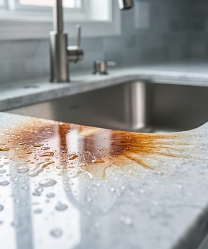 Close-up photograph of a light granite or marble countertop with a rust-brown oxidation stain around the base of a stainless steel faucet and water droplets, softly lit by natural daylight; blurred sink and tile backsplash in the background.