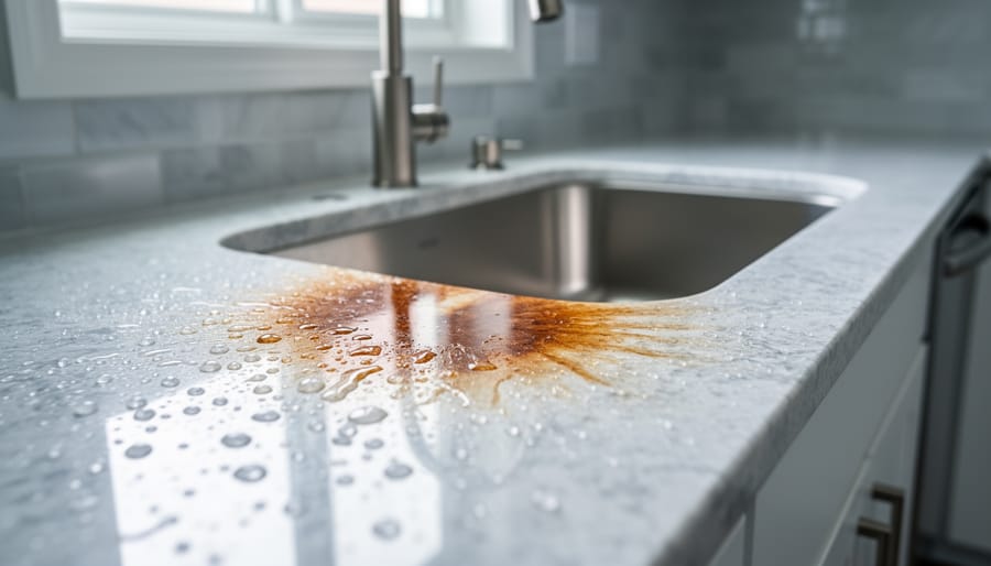 Close-up photograph of a light granite or marble countertop with a rust-brown oxidation stain around the base of a stainless steel faucet and water droplets, softly lit by natural daylight; blurred sink and tile backsplash in the background.