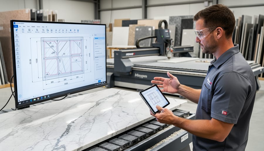 Stone fabrication professionals reviewing digital template on laptop with granite slab