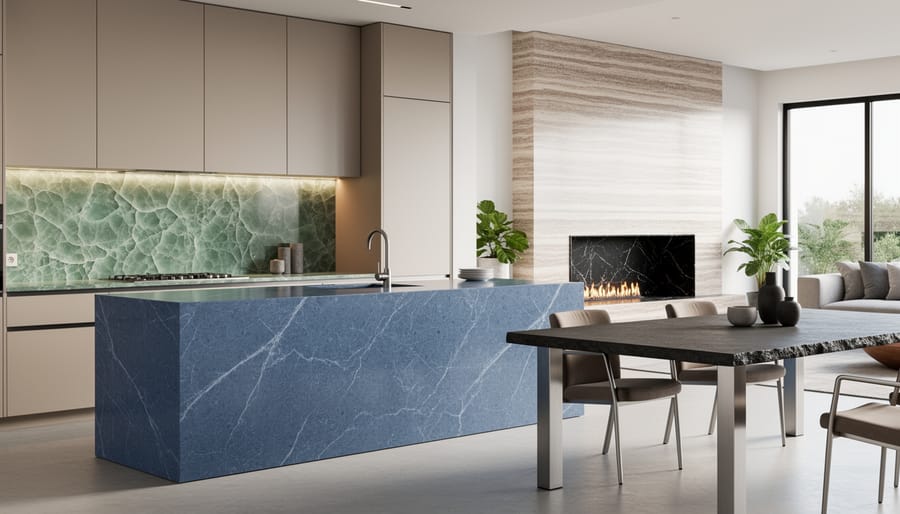 Comparison of polished quartzite and leathered soapstone showing different finish textures