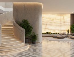 Contemporary interior with a curved sculptural stone partition, backlit translucent onyx wall, radius staircase wrapped in flexible stone veneer, and water-jet patterned marble floor, lit by soft daylight with warm backlighting; minimalist living area and indoor plants in the background.