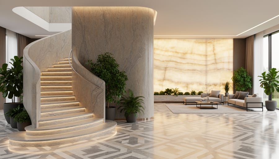 Contemporary interior with a curved sculptural stone partition, backlit translucent onyx wall, radius staircase wrapped in flexible stone veneer, and water-jet patterned marble floor, lit by soft daylight with warm backlighting; minimalist living area and indoor plants in the background.