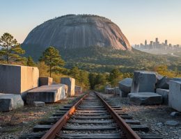 Wide view of Stone Mountain’s exposed granite dome with weathered quarried blocks and an old rail spur in the foreground under warm golden-hour light, with pine forest and a faint Atlanta skyline on the horizon.