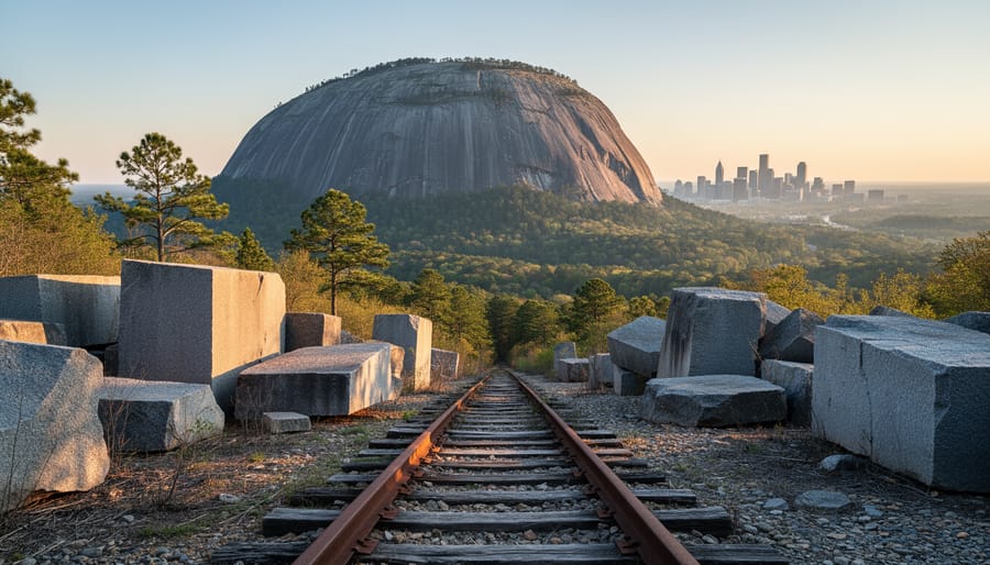 Wide view of Stone Mountain’s exposed granite dome with weathered quarried blocks and an old rail spur in the foreground under warm golden-hour light, with pine forest and a faint Atlanta skyline on the horizon.