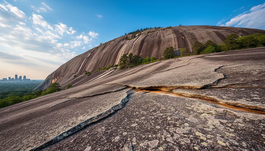 Wide view of Stone Mountain's massive exposed granite dome rising above surrounding forest