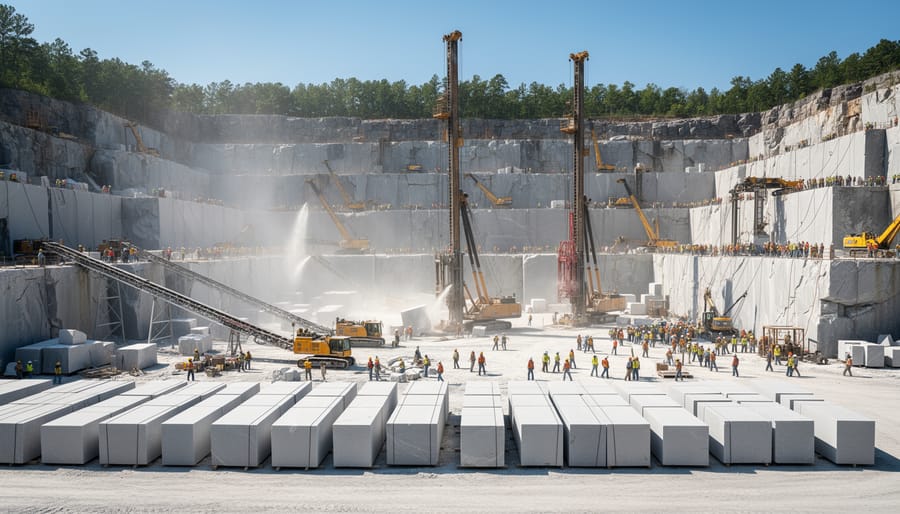 Historical quarrying operations showing workers extracting granite blocks at Stone Mountain