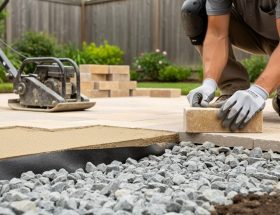 Gloved hands place a natural stone paver onto a screeded sand bed over compacted crushed stone, with a visible geotextile edge; a plate compactor and stacked pavers are in the background of a backyard patio build.