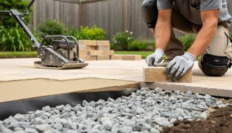 Gloved hands place a natural stone paver onto a screeded sand bed over compacted crushed stone, with a visible geotextile edge; a plate compactor and stacked pavers are in the background of a backyard patio build.