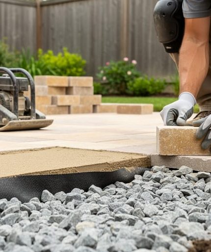 Gloved hands place a natural stone paver onto a screeded sand bed over compacted crushed stone, with a visible geotextile edge; a plate compactor and stacked pavers are in the background of a backyard patio build.