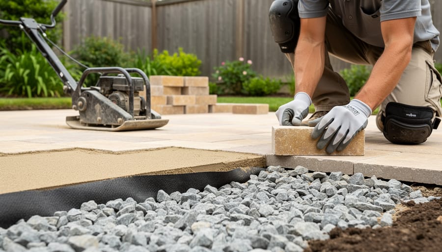 Gloved hands place a natural stone paver onto a screeded sand bed over compacted crushed stone, with a visible geotextile edge; a plate compactor and stacked pavers are in the background of a backyard patio build.