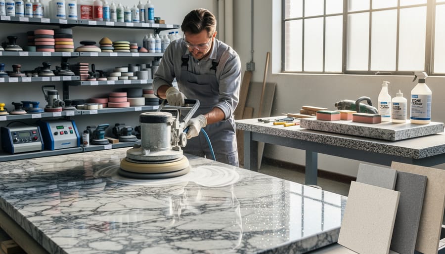 Professional stone restoration specialist polishing soapstone surface with diamond pad