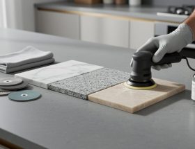 Gloved hand buffing a scratch on a stone sample beside unlabeled polishing pads, microfiber cloth, and clear sealer bottle on a kitchen island, with marble, granite, and quartzite pieces in focus and a modern kitchen softly blurred in the background.