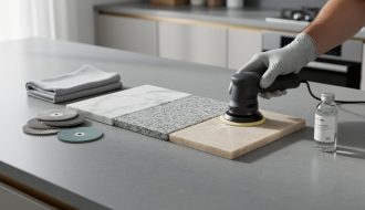 Gloved hand buffing a scratch on a stone sample beside unlabeled polishing pads, microfiber cloth, and clear sealer bottle on a kitchen island, with marble, granite, and quartzite pieces in focus and a modern kitchen softly blurred in the background.