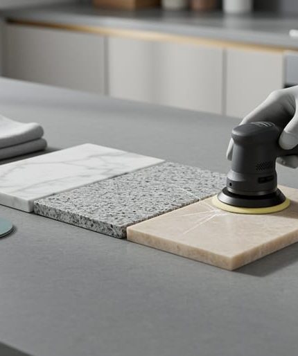 Gloved hand buffing a scratch on a stone sample beside unlabeled polishing pads, microfiber cloth, and clear sealer bottle on a kitchen island, with marble, granite, and quartzite pieces in focus and a modern kitchen softly blurred in the background.