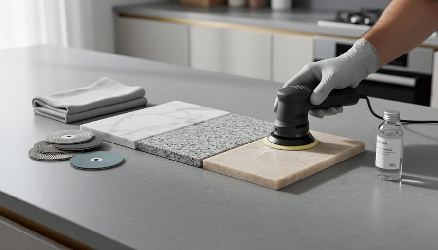 Gloved hand buffing a scratch on a stone sample beside unlabeled polishing pads, microfiber cloth, and clear sealer bottle on a kitchen island, with marble, granite, and quartzite pieces in focus and a modern kitchen softly blurred in the background.
