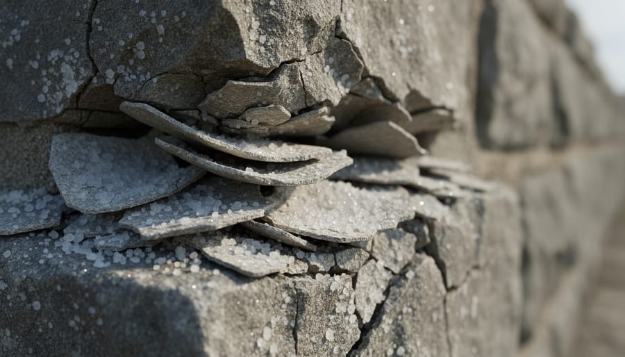 Damaged stone surface showing flaking layers and spalling deterioration