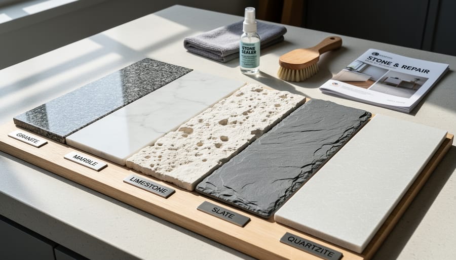 Three different stone surface samples showing polished granite, honed marble, and textured soapstone