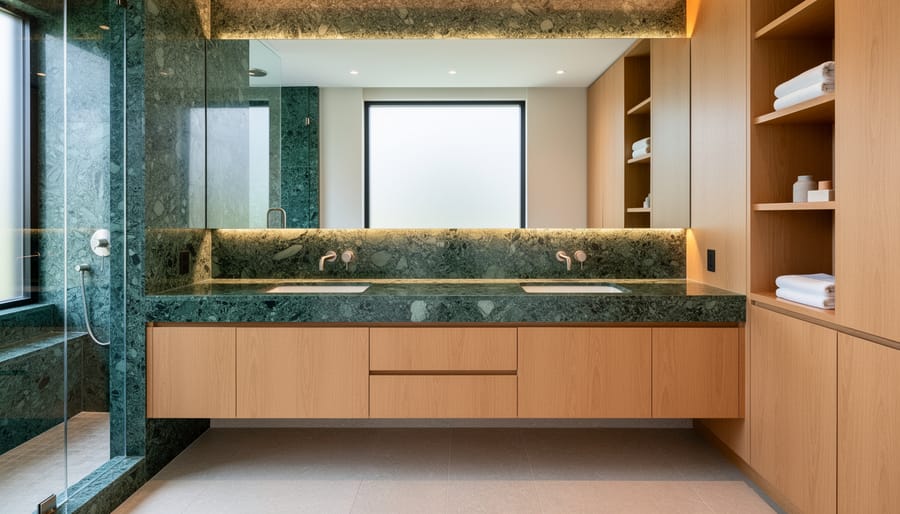 Bathroom vanity with green marble countertop and wooden cabinetry