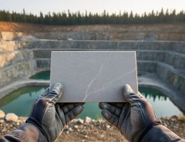 Gloved hands hold a polished natural stone countertop sample with subtle veining at the edge of a terraced mountain quarry, with blurred quarry walls and clear settling ponds behind in soft morning light, symbolizing responsible sourcing
