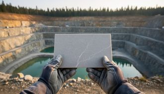Gloved hands hold a polished natural stone countertop sample with subtle veining at the edge of a terraced mountain quarry, with blurred quarry walls and clear settling ponds behind in soft morning light, symbolizing responsible sourcing
