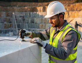 Quarry engineer in hard hat and safety vest applying an ultrasonic probe to a white marble block, with sunlit quarry benches, wire saw, and excavator softly blurred in the background.