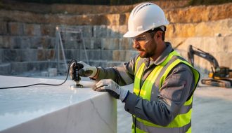 Quarry engineer in hard hat and safety vest applying an ultrasonic probe to a white marble block, with sunlit quarry benches, wire saw, and excavator softly blurred in the background.