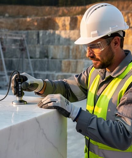 Quarry engineer in hard hat and safety vest applying an ultrasonic probe to a white marble block, with sunlit quarry benches, wire saw, and excavator softly blurred in the background.