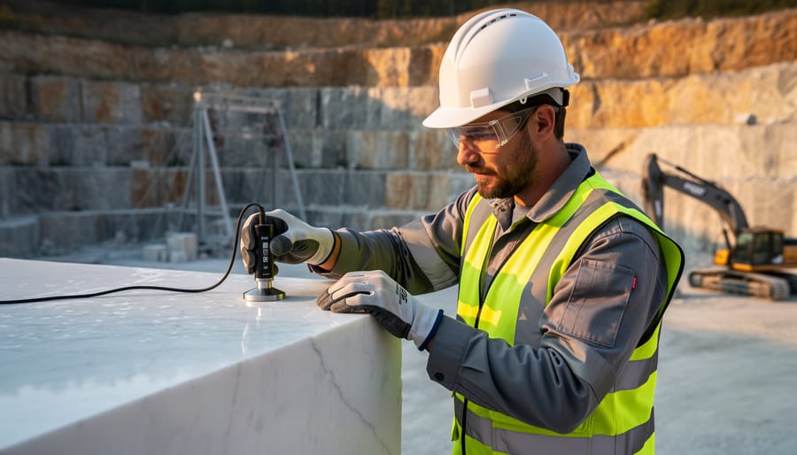 Quarry engineer in hard hat and safety vest applying an ultrasonic probe to a white marble block, with sunlit quarry benches, wire saw, and excavator softly blurred in the background.