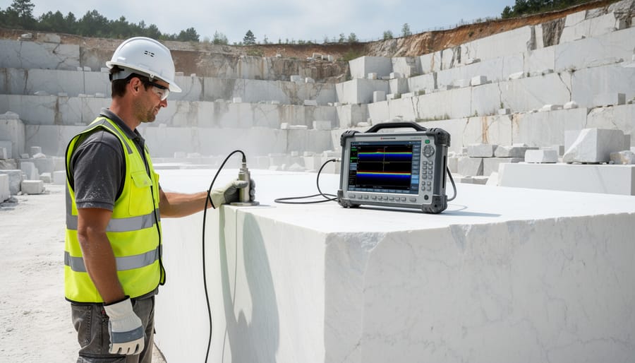 Quarry technician using ultrasonic testing device on white marble block