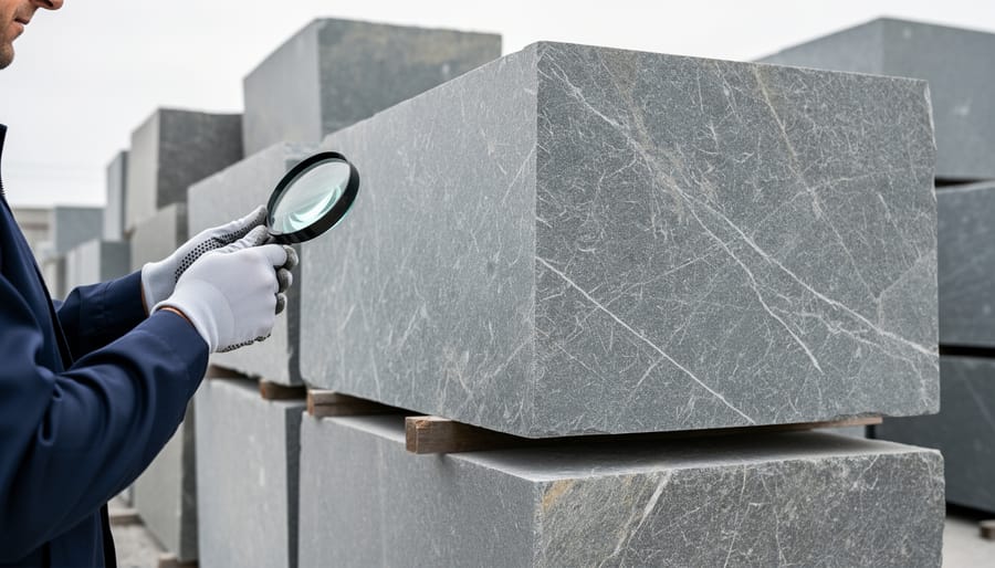 Close-up of inspector examining marble block surface and veining patterns