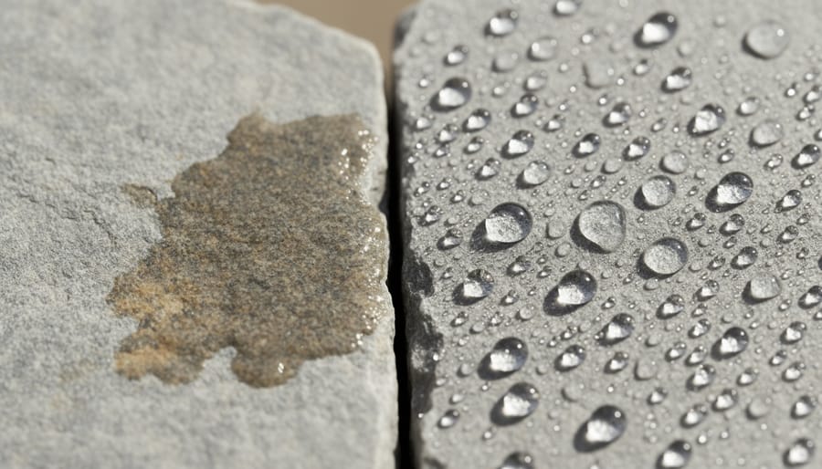 Water droplets beading on nano-treated stone surface demonstrating water-repellent properties