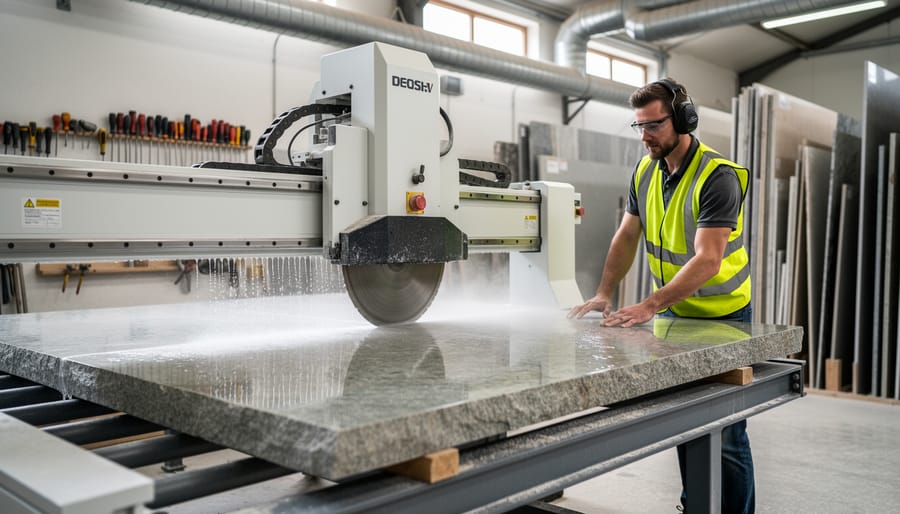 Stone fabrication worker operating wet-cutting saw with water suppression on granite