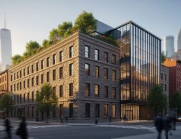 "Renovated historic stone warehouse with modern glass-and-steel extension and rooftop greenery at golden hour, set on a city street with a softly blurred skyline and pedestrians in the background"