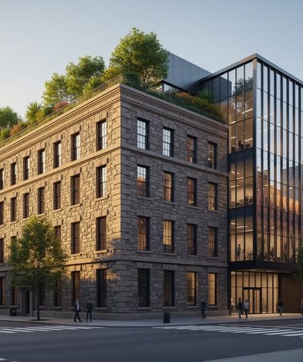 "Renovated historic stone warehouse with modern glass-and-steel extension and rooftop greenery at golden hour, set on a city street with a softly blurred skyline and pedestrians in the background"