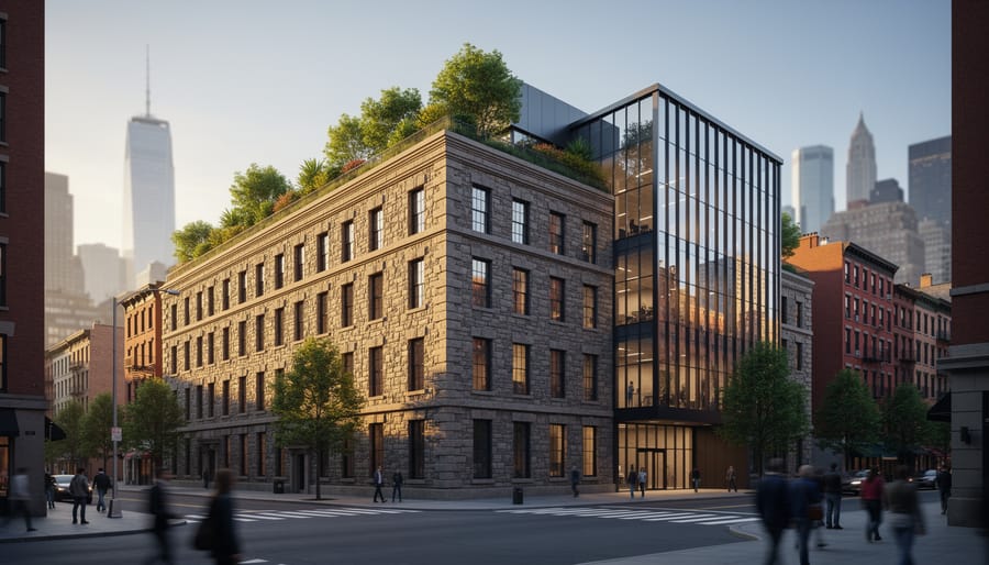 "Renovated historic stone warehouse with modern glass-and-steel extension and rooftop greenery at golden hour, set on a city street with a softly blurred skyline and pedestrians in the background"