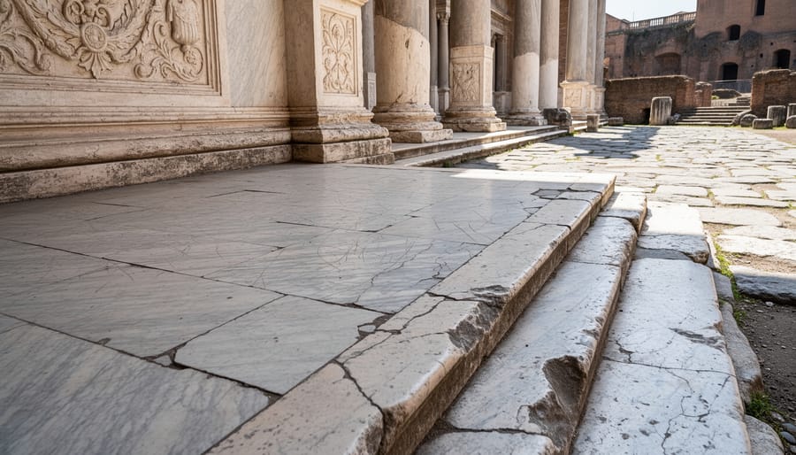 Ancient Roman marble work surface showing natural veining and weathered patina in archaeological ruins