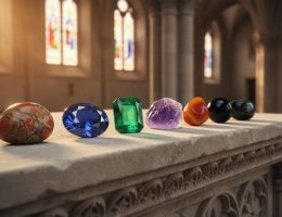 Seven polished gemstones—deep red jasper, royal blue sapphire, vivid green emerald, banded agate, purple amethyst, black onyx, and orange-red carnelian—arranged on a carved limestone altar edge in a historic chapel, warmly side-lit with stained-glass color and blurred stone arches in the background.